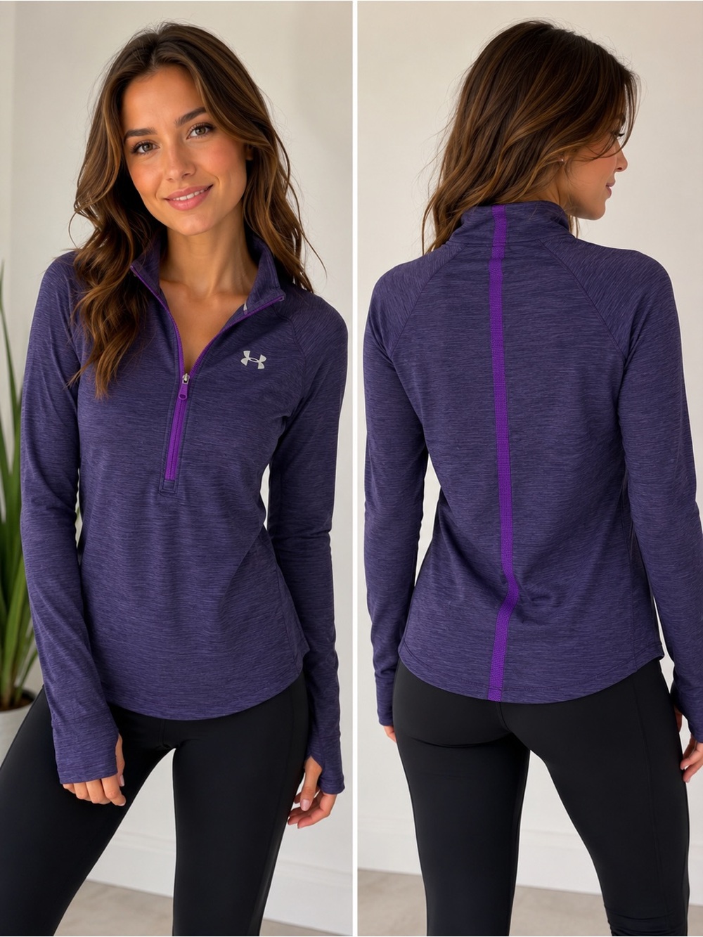Under armor purple quarter zip pullover medium lightweight stretch thumbhole run